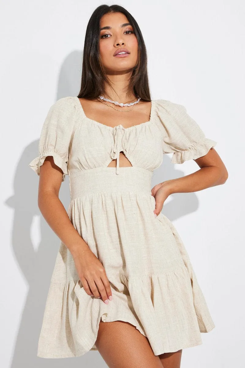 Fire Core Stylish Blouse Beige Fit and Flare Dress Short Sleeve Linen Blend