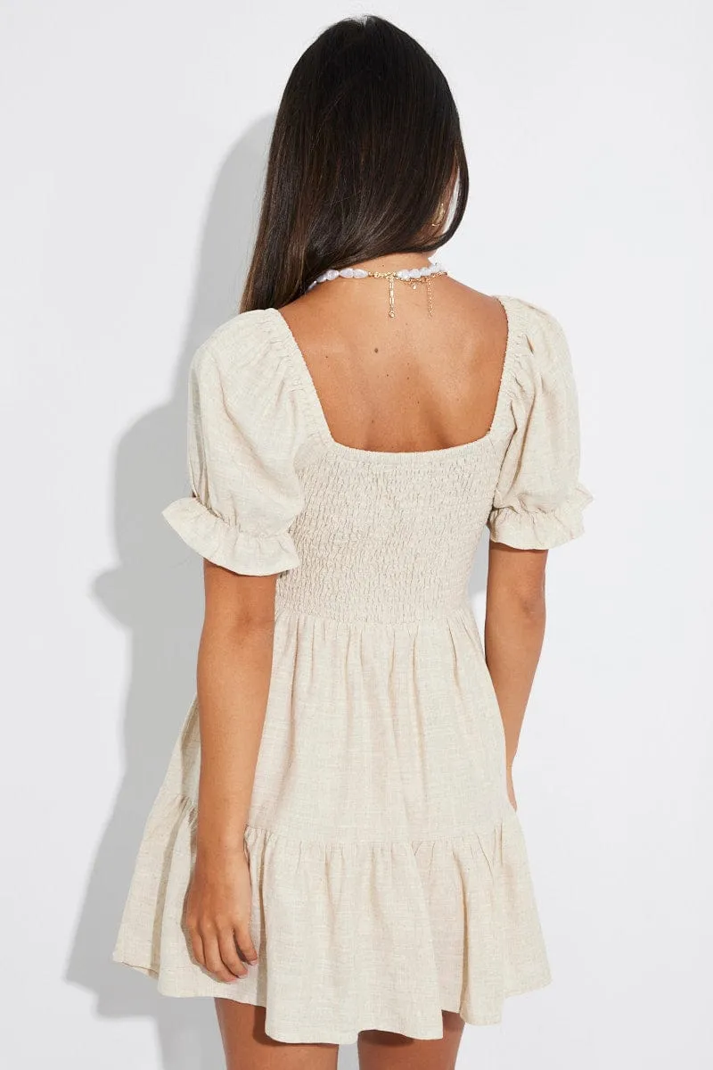 Beige Fit and Flare Dress Short Sleeve Linen Blend Bright Color Machine Fit
