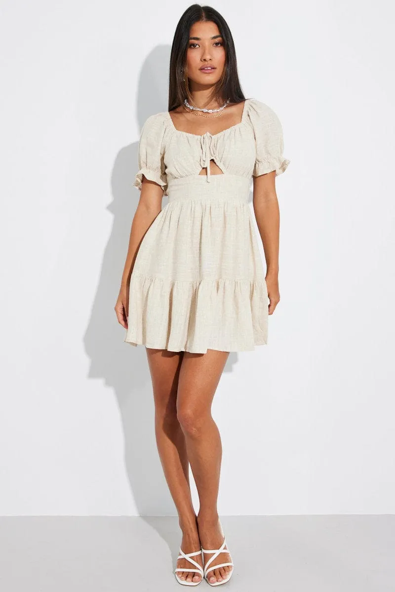 Beige Fit and Flare Dress Short Sleeve Linen Blend Dense Fit Easy Cool