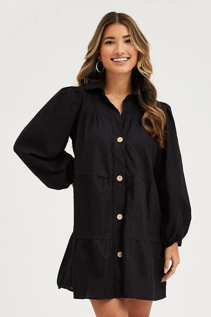 slim fit Sharp Line Black Tiered Dress Long Sleeve Mini