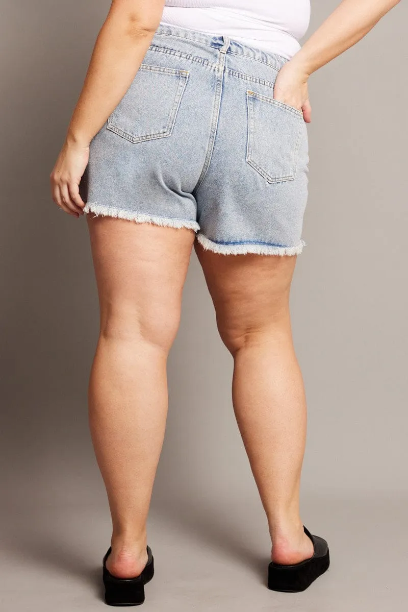 Denim Relaxed Shorts High Rise Distressed Hem Easy Go MoistureWickingTechnology