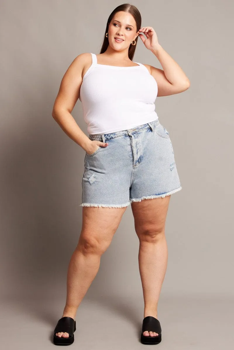 Denim Relaxed Shorts High Rise Distressed Hem Relaxed Blouse Smile Glow