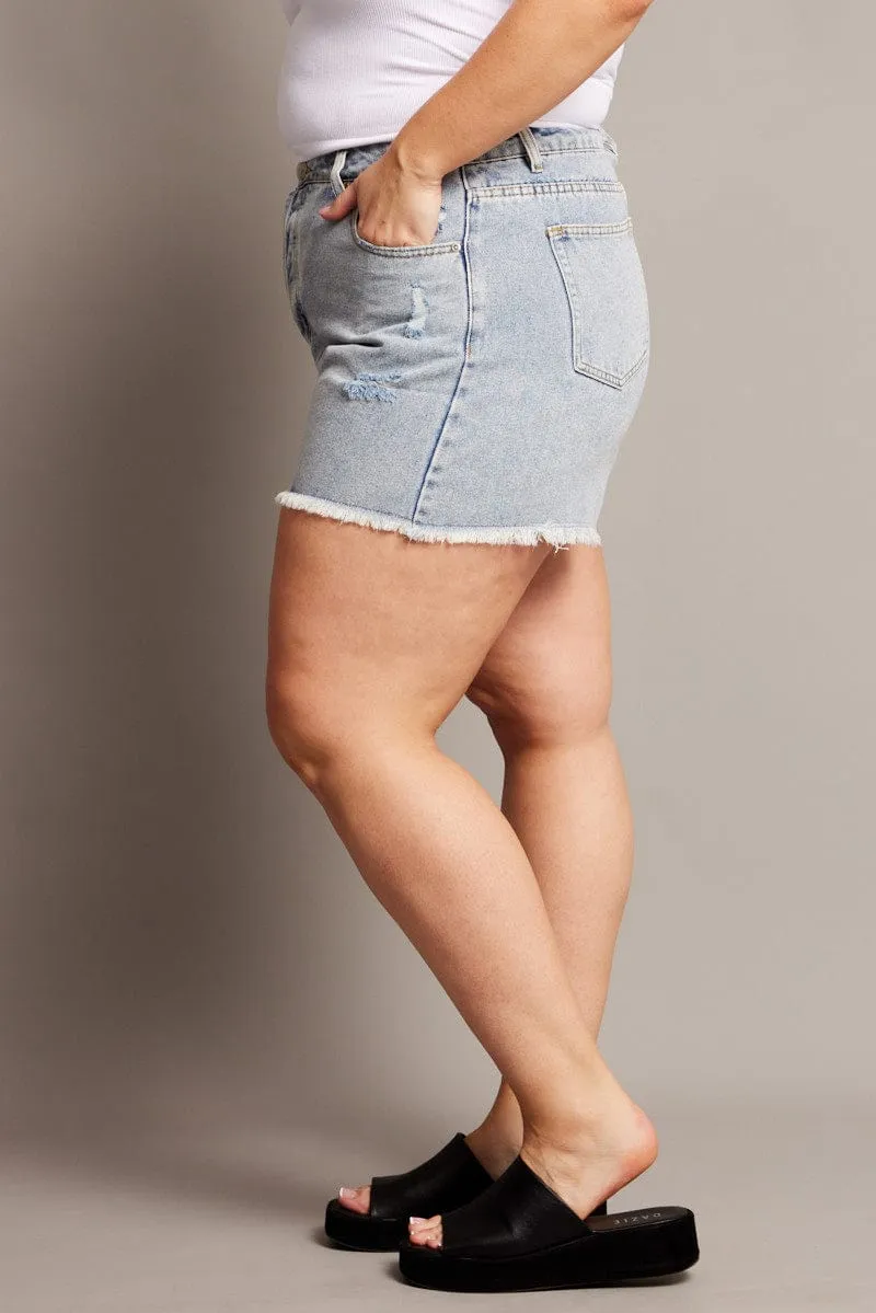 Denim Relaxed Shorts High Rise Distressed Hem Essential Shirt