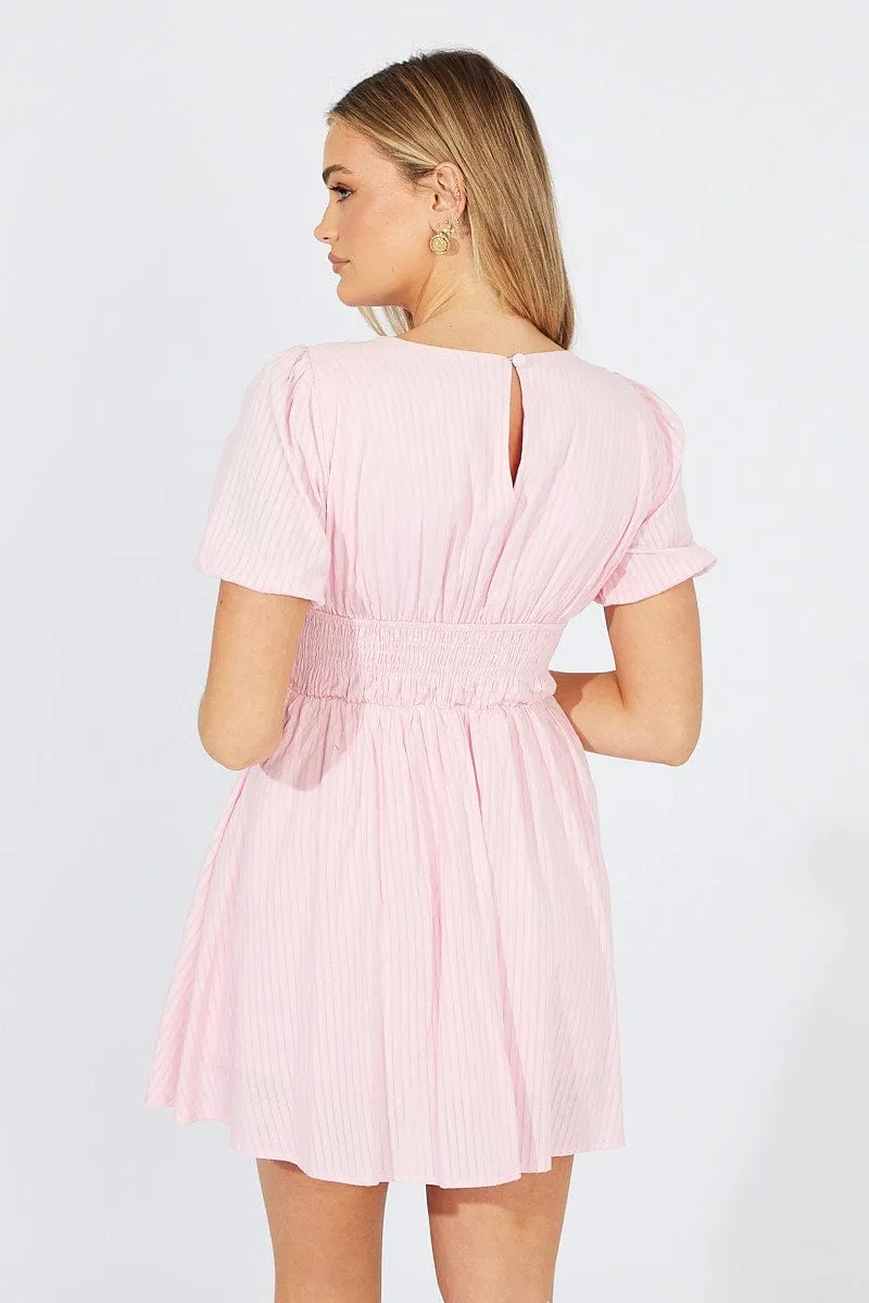 Pink Fit And Flare Dress Puff Sleeve Aerated Seam Placement AntiPilling Technology