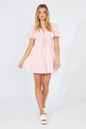Pink Fit And Flare Dress Puff Sleeve Summer Outfit