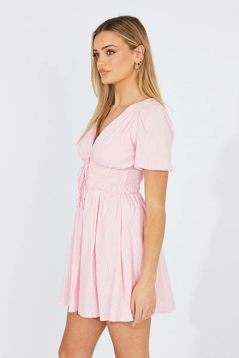 Brave Mode Pink Fit And Flare Dress Puff Sleeve