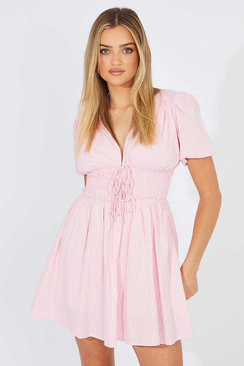 Eco Core Pink Fit And Flare Dress Puff Sleeve