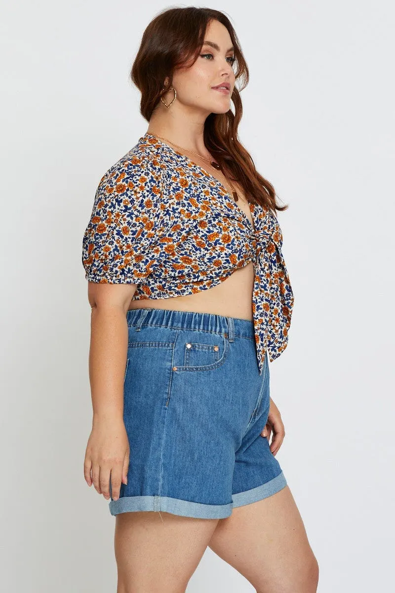 Blue Plus High Rise Elastic Waist Relaxed Blue Shorts Elite Vibe Breathable Style