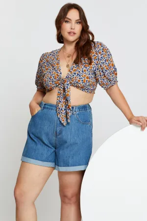 Blue Plus High Rise Elastic Waist Relaxed Blue Shorts BreathableLining