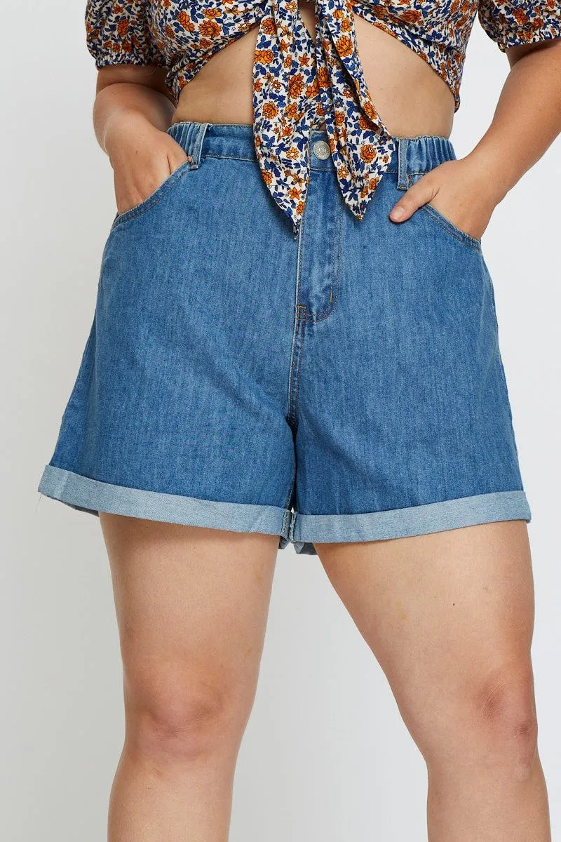 Blue Plus High Rise Elastic Waist Relaxed Blue Shorts WrinkleResistant Global Cool