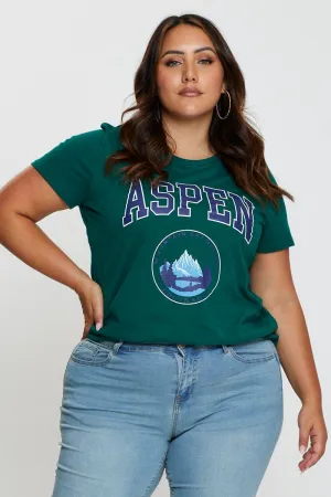 Green Graphic T-shirt Aspen Crew Neck Short Sleeve Relaxed Design Multi Panel Structure