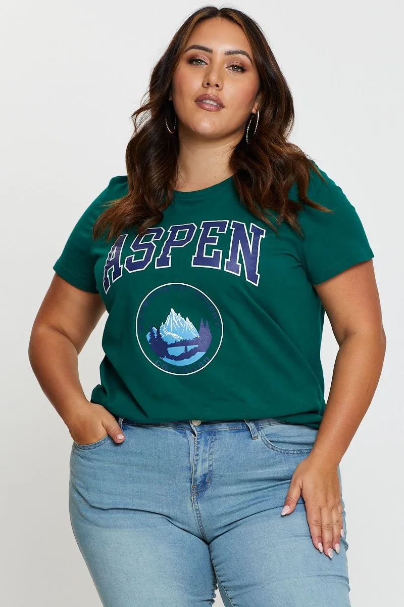 Green Graphic T-shirt Aspen Crew Neck Short Sleeve Lightweight Construction Eye-Catching