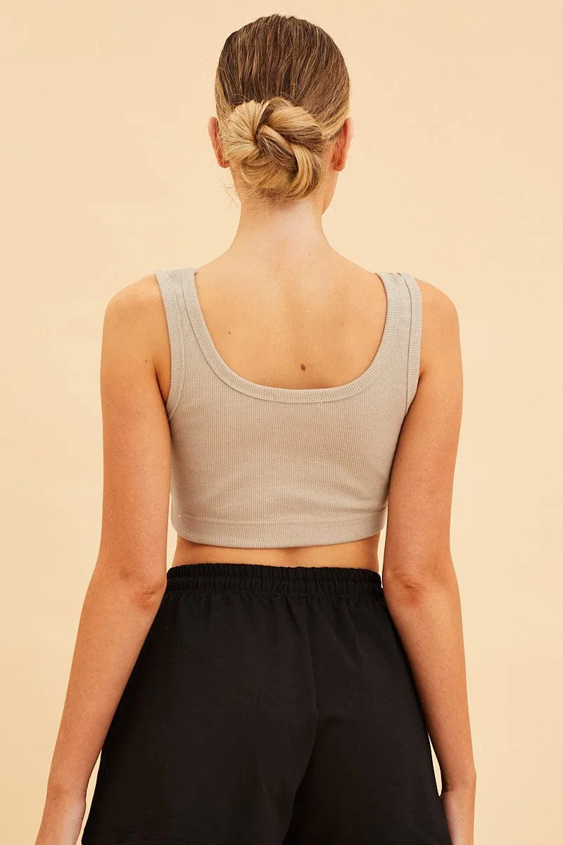 Daily Wear Beige Crop Top Cotton Blend Rib Tank Elasticated Hem
