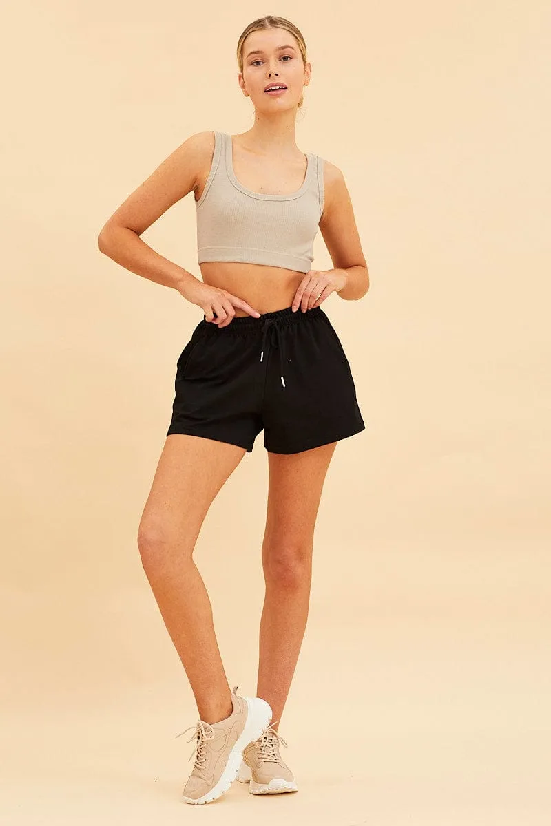 Beige Crop Top Cotton Blend Rib Tank Elasticated Hem BreathableMesh
