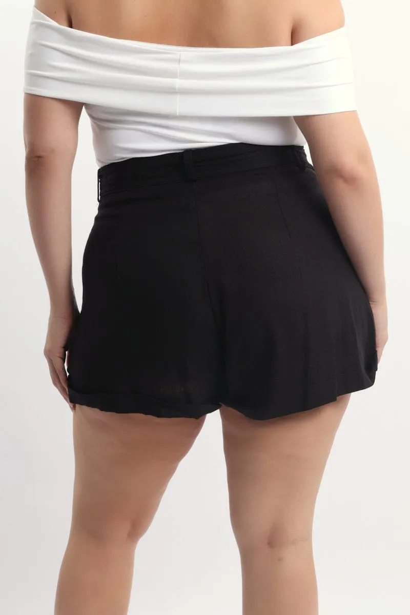 Black Belted Linen Blend Shorts High End
