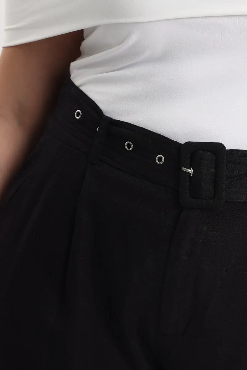 Breathable mesh Black Belted Linen Blend Shorts