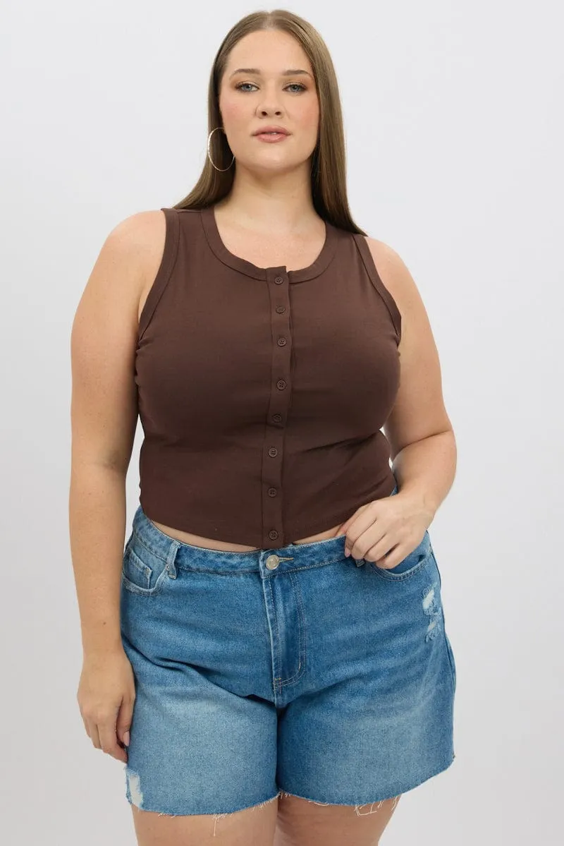 Brown Button tank Top Trendy Outerwear