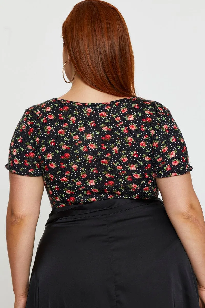 AntiStatic Treatment Ditsy Print Front Bodysuit V-neck Short Sleeve Floral Ruched