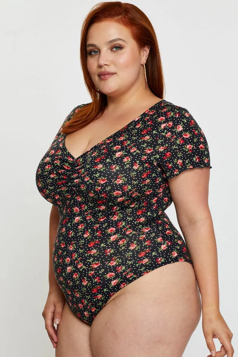 Ditsy Print Front Bodysuit V-neck Short Sleeve Floral Ruched ZeroIrritationLabels Soft Leggings