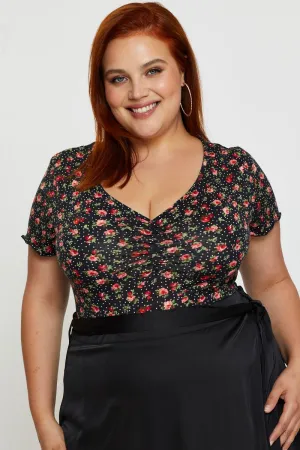 Ditsy Print Front Bodysuit V-neck Short Sleeve Floral Ruched HypoallergenicYarn