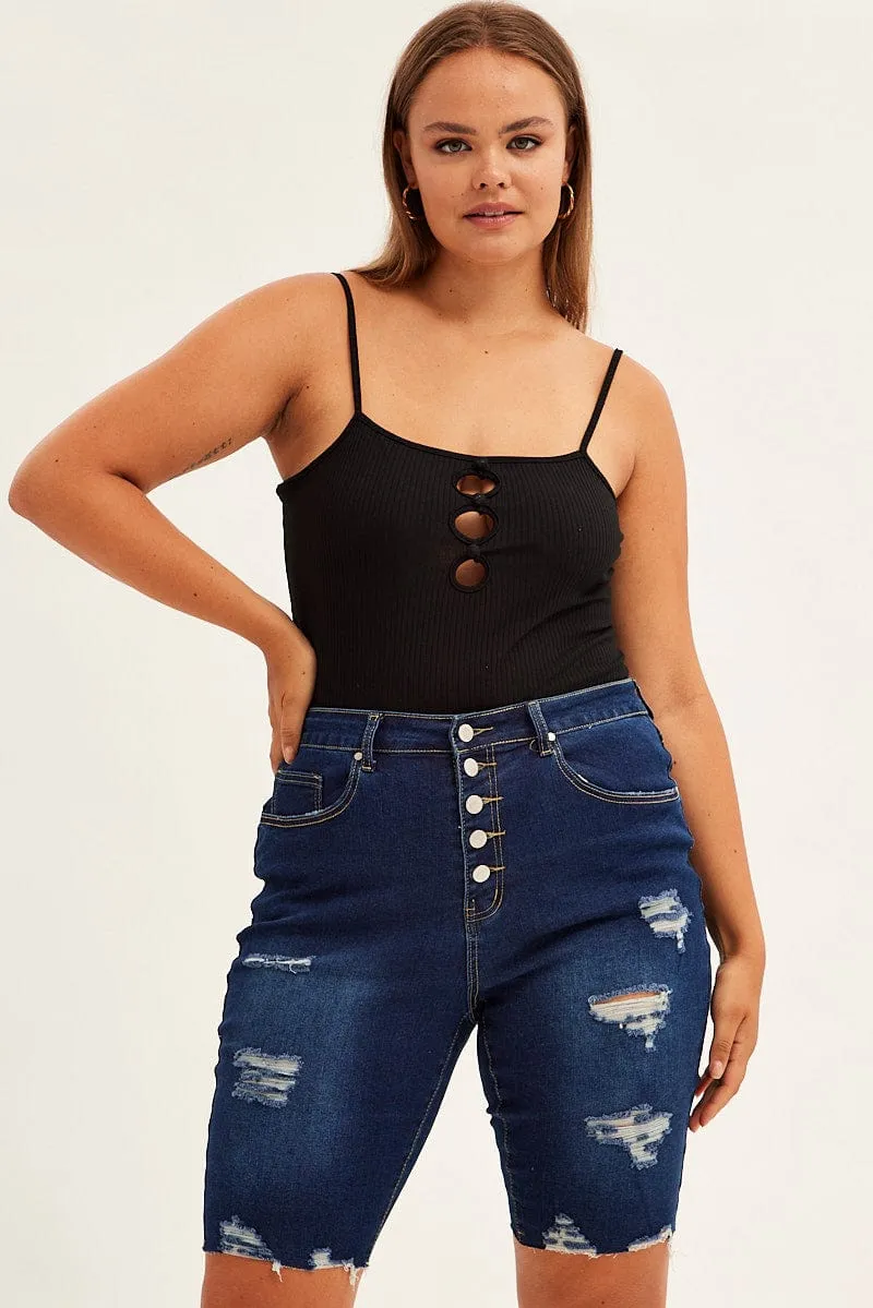 Digital Glow FlexibleCollarDesign Blue Knee Length Denim Shorts High Rise 5 Buttons