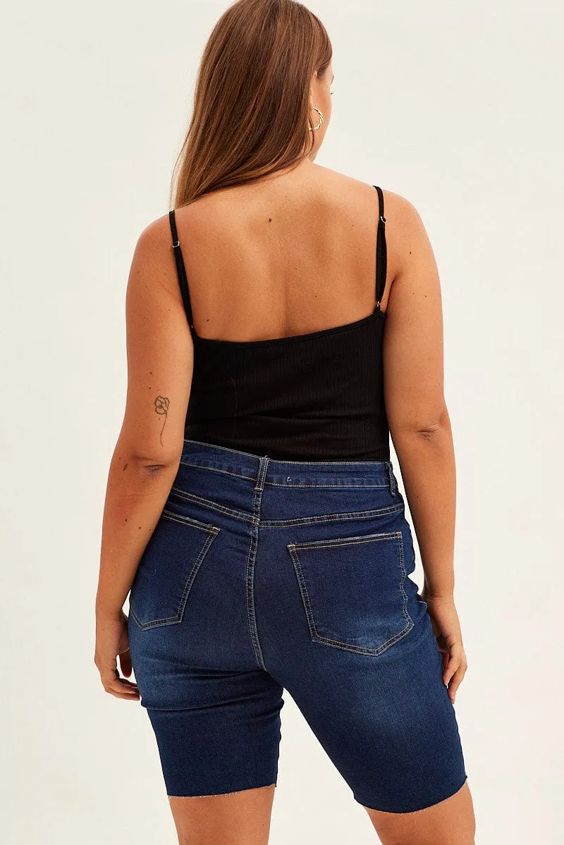 Blue Knee Length Denim Shorts High Rise 5 Buttons WrinkleResistantCloth