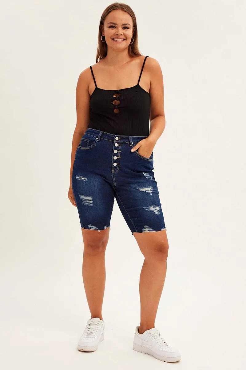 Free Mind Modern Chic Blue Knee Length Denim Shorts High Rise 5 Buttons
