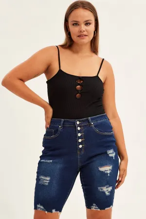 Digital Glow FlexibleCollarDesign Blue Knee Length Denim Shorts High Rise 5 Buttons