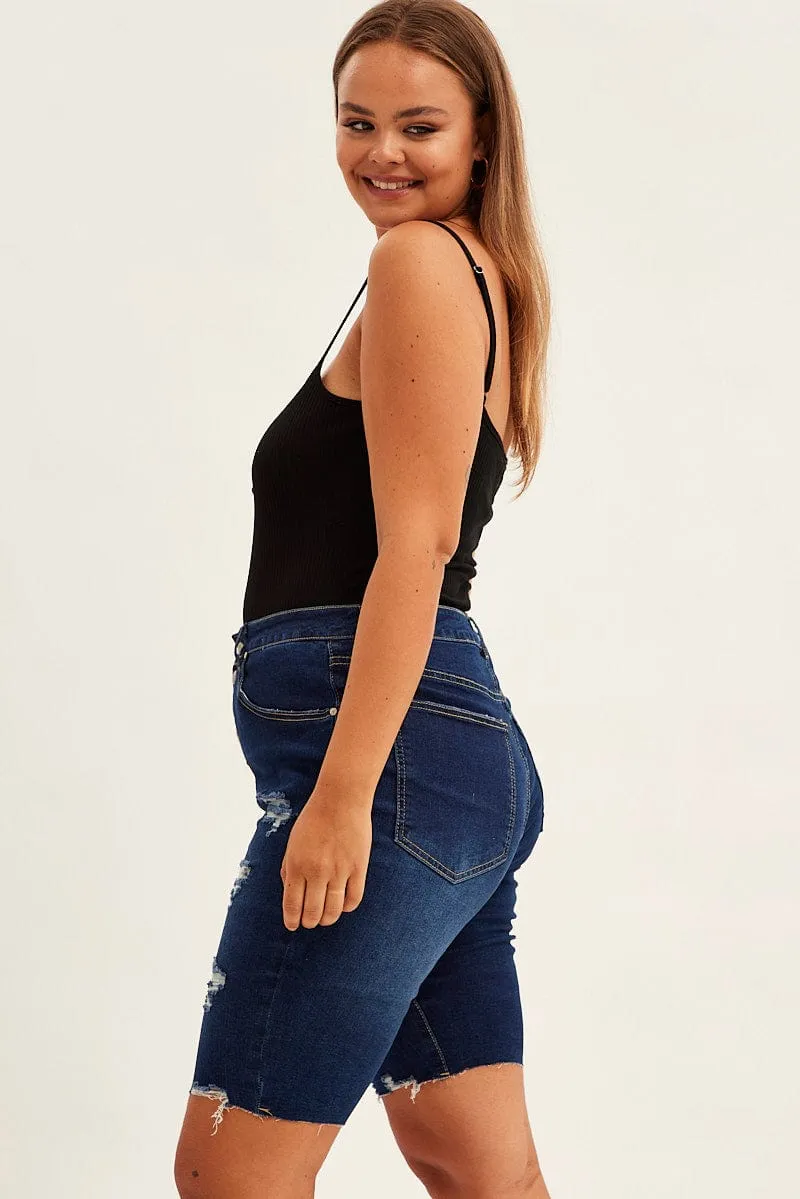 Blue Knee Length Denim Shorts High Rise 5 Buttons fashionable blazer