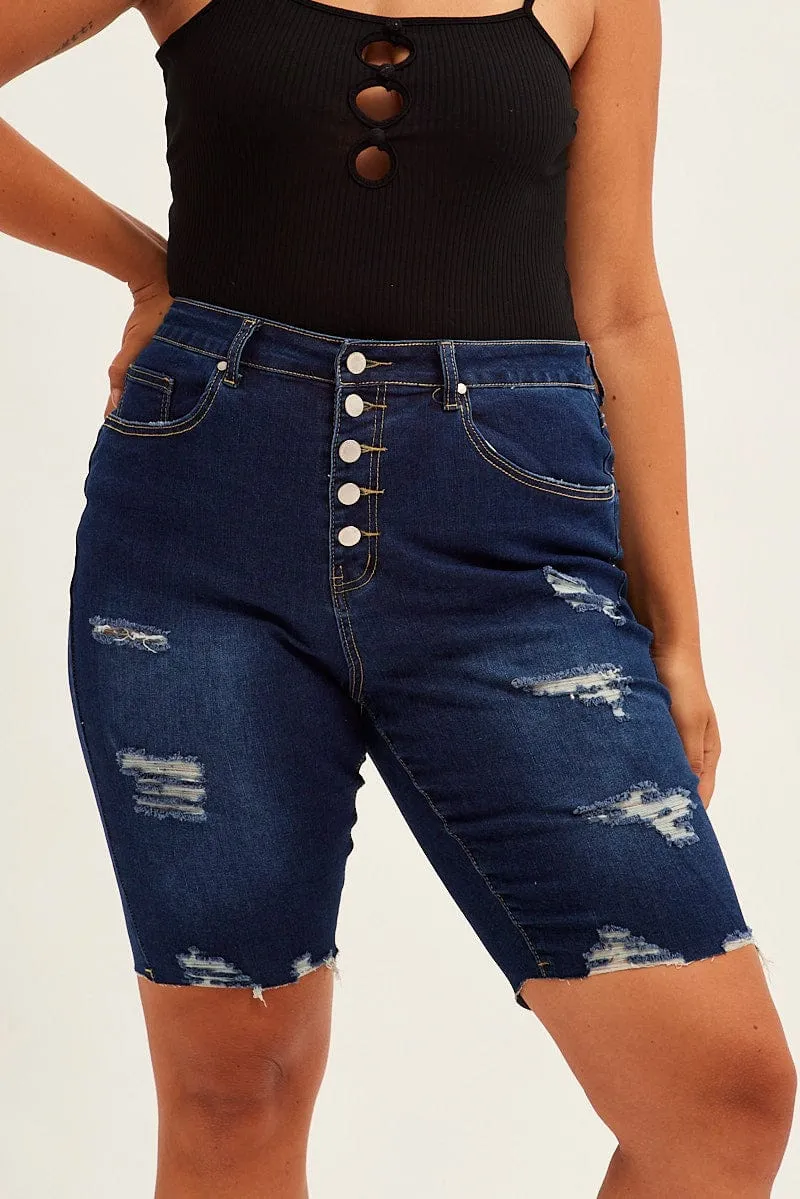MinimalistDesign Blue Knee Length Denim Shorts High Rise 5 Buttons