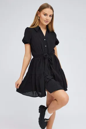 Black Shirt Dress Short Sleeve Tiered LayeredConstruction Friend Vibe