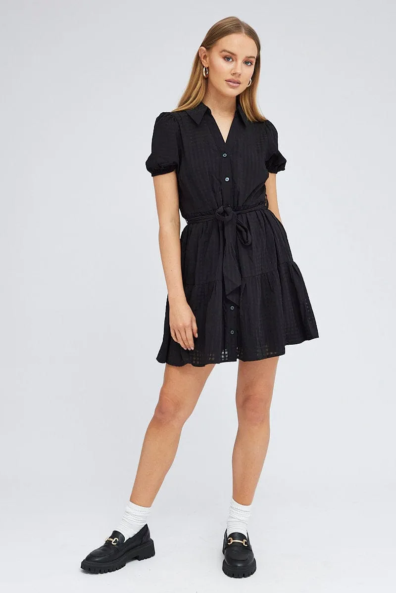 Cold Weather Wear Black Shirt Dress Short Sleeve Tiered