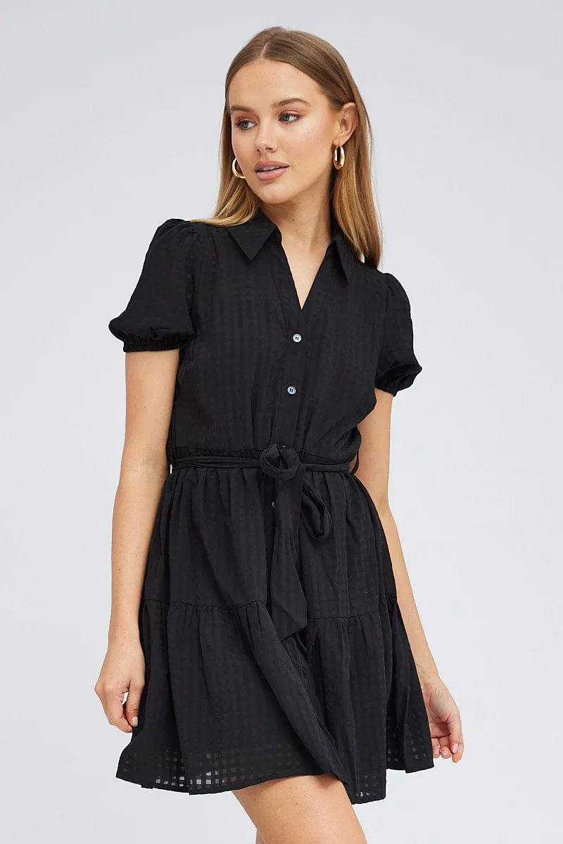 elastic waistband Black Shirt Dress Short Sleeve Tiered