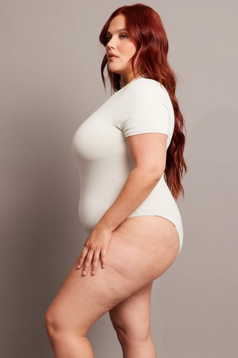 White Bodysuit Short Sleeve Crew Neck Supersoft Layered Look