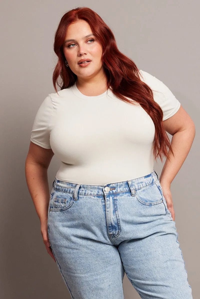 White Bodysuit Short Sleeve Crew Neck Supersoft Trendy Boots Boho Light