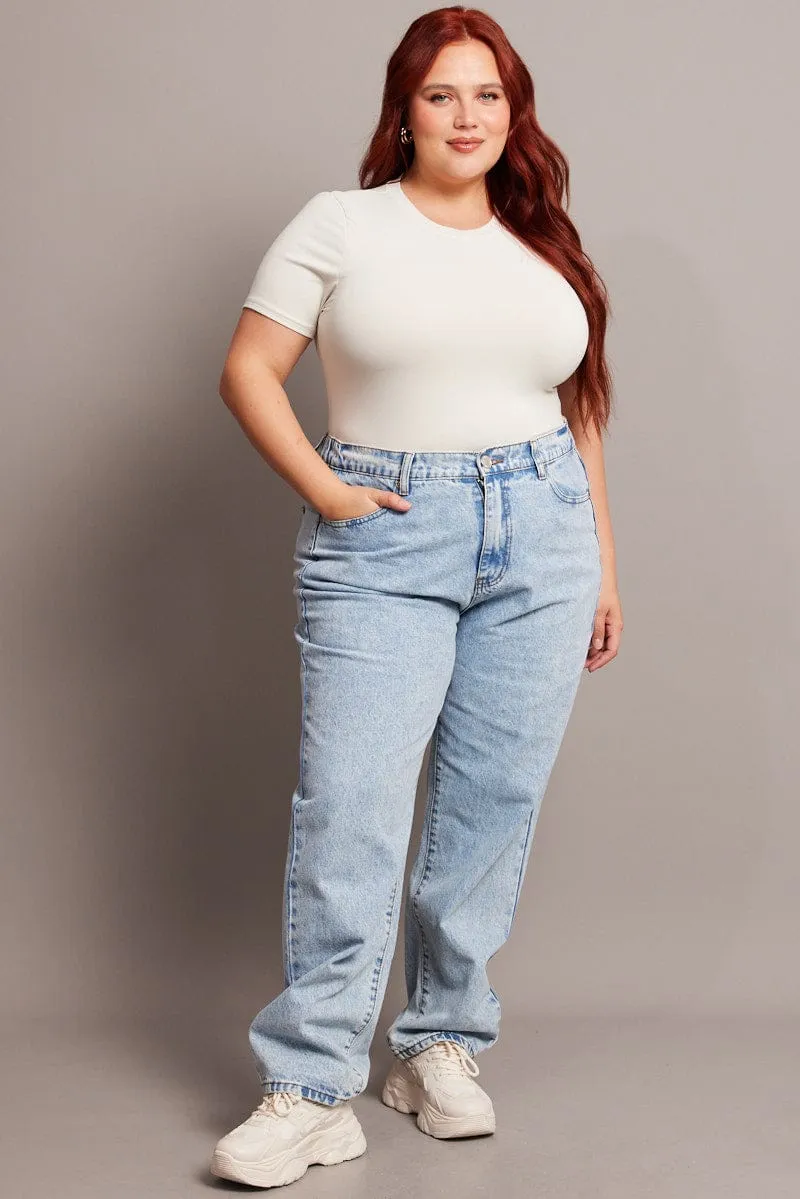 White Bodysuit Short Sleeve Crew Neck Supersoft Stage Feel