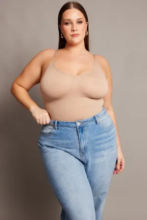 Beige Seamless Sculpting Bodysuit Unique Cut Reinforced Knees