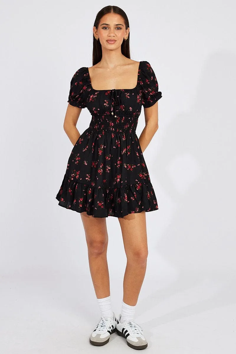 Black Floral Fit And Flare Dress Puff Sleeve Mini Story Glow Self Love