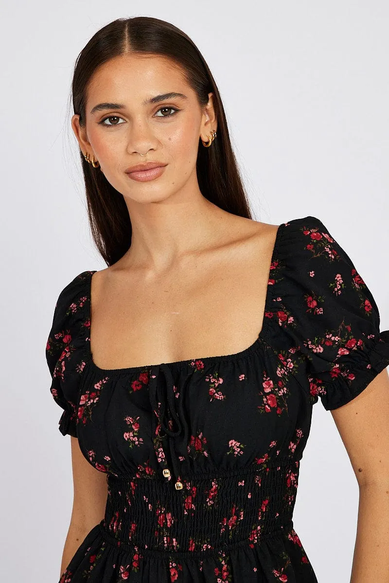 Black Floral Fit And Flare Dress Puff Sleeve Mini Euro Mood