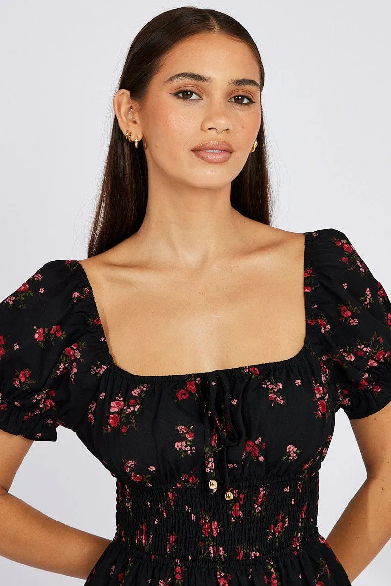 Black Floral Fit And Flare Dress Puff Sleeve Mini EcoFriendlyTextile