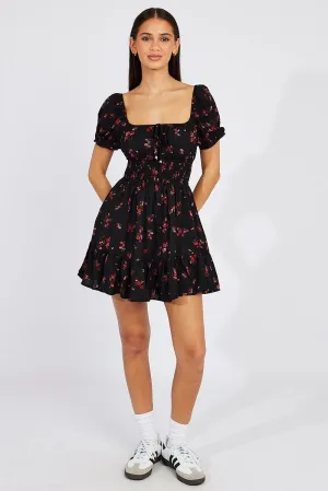 Black Floral Fit And Flare Dress Puff Sleeve Mini Story Glow Self Love
