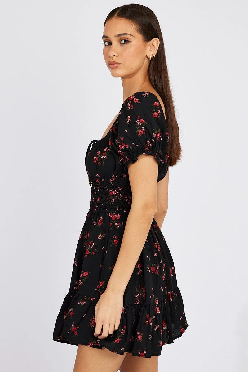 Vegan Mood Black Floral Fit And Flare Dress Puff Sleeve Mini