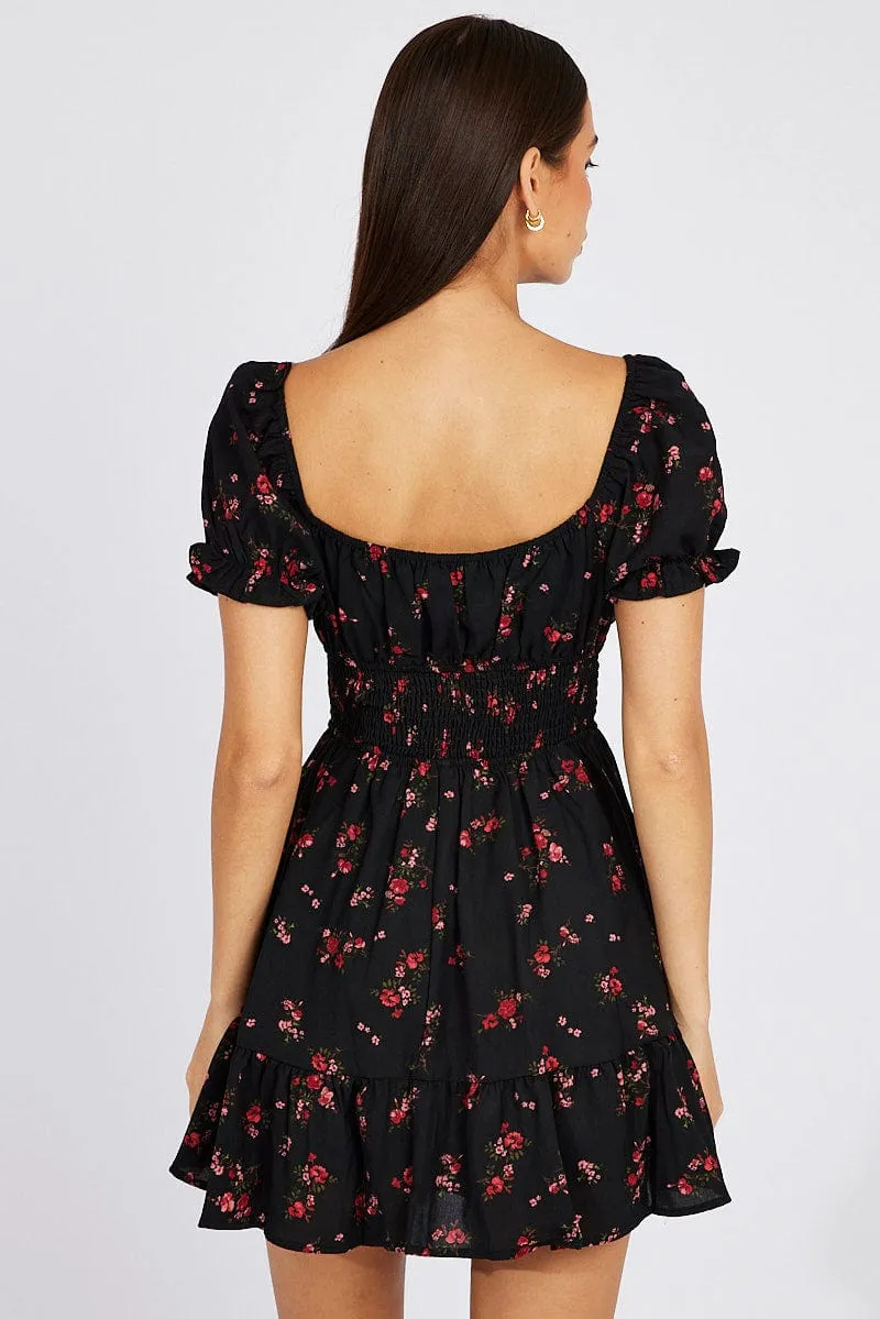 Black Floral Fit And Flare Dress Puff Sleeve Mini Soft Fabric
