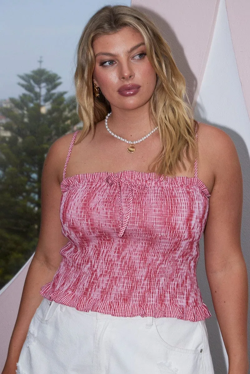 Red Check Cami Top Sleeveless Shirred NonBindingEdges Glitter Glow