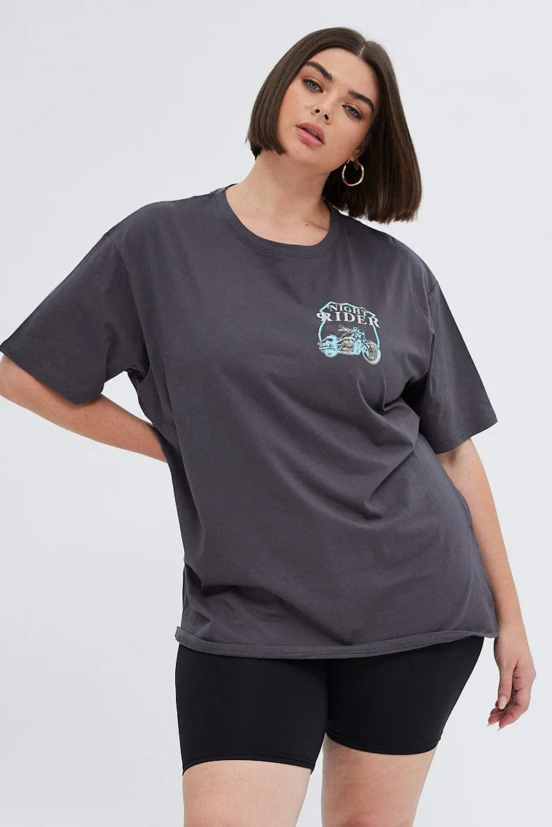 Soft Cotton Feel Layered Collar Grey Graphic T-shirt Back Print