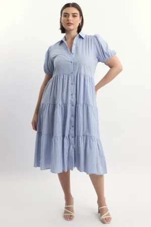 Blue Stripe Shirt Dress Short Sleeve Tiered Smart Casual Stylish below-the-knee gown