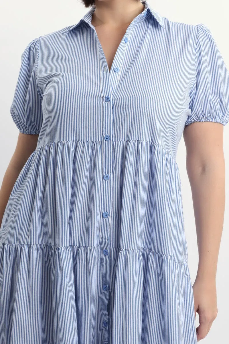 Blue Stripe Shirt Dress Short Sleeve Tiered Classic Comfort