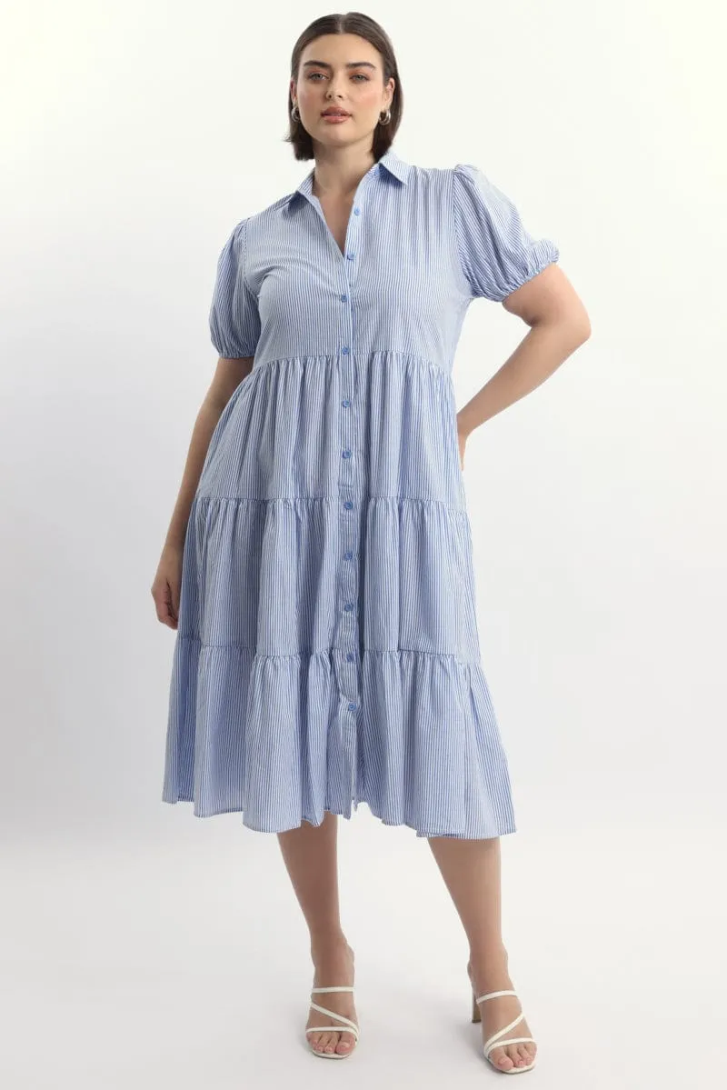Blue Stripe Shirt Dress Short Sleeve Tiered Smart Casual Stylish below-the-knee gown