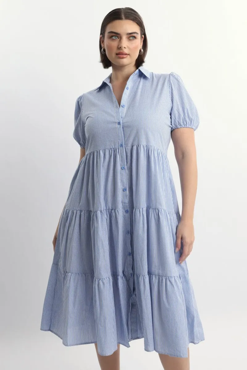 Elegant fit-and-flare dress Busy Mom Blue Stripe Shirt Dress Short Sleeve Tiered