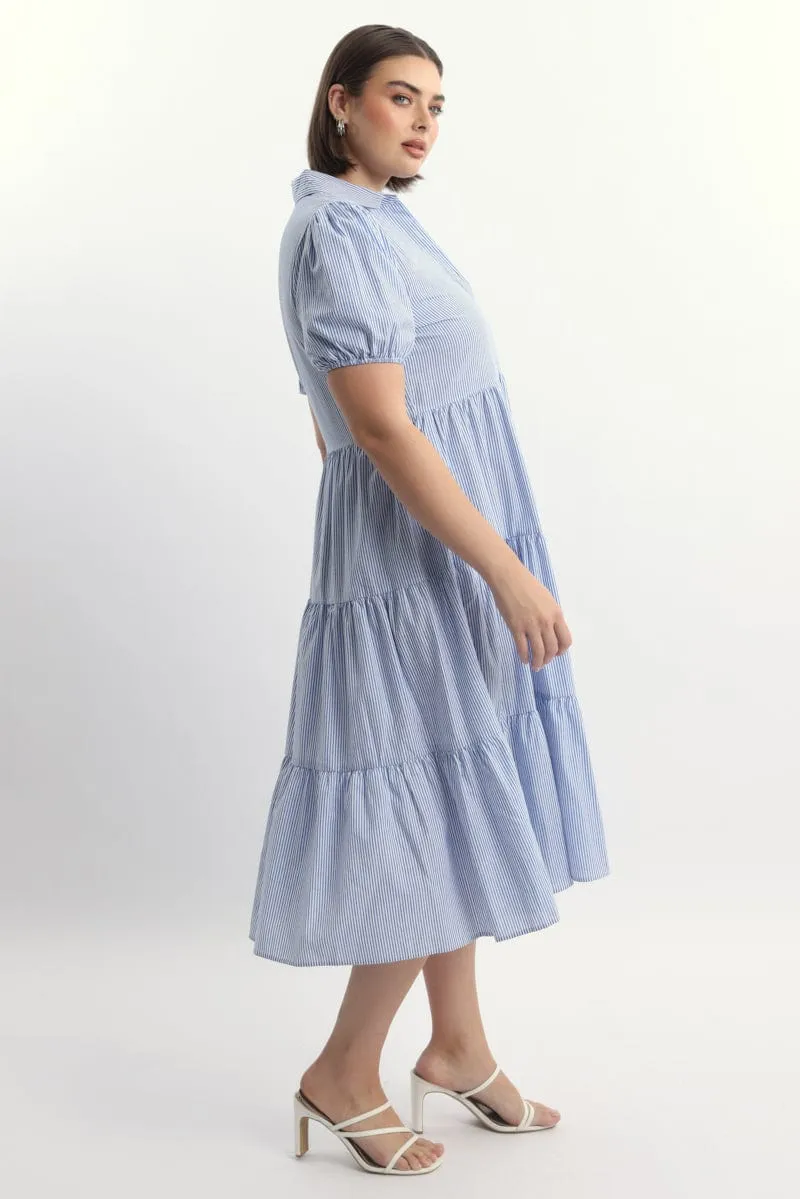 Blue Stripe Shirt Dress Short Sleeve Tiered Elegant Vibe